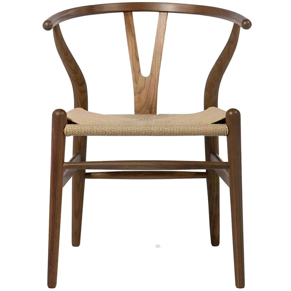 Scandinavian wood dining chair walnut y in white background.