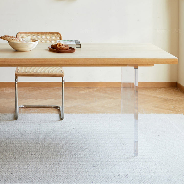 Scandinavian wood dining table float in panoramic view.