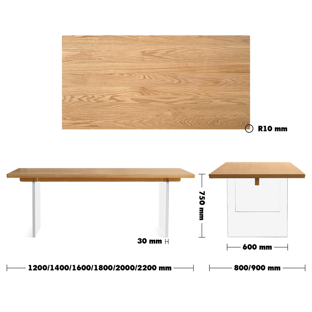 Scandinavian wood dining table float size charts.