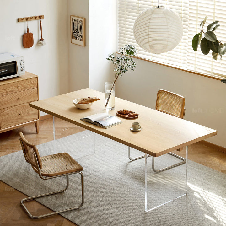 Scandinavian wood dining table float in real life style.