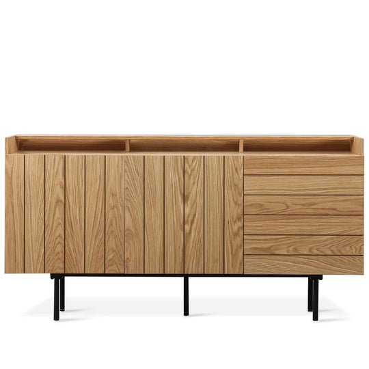 Modern wood drawer cabinet lumi l in white background.