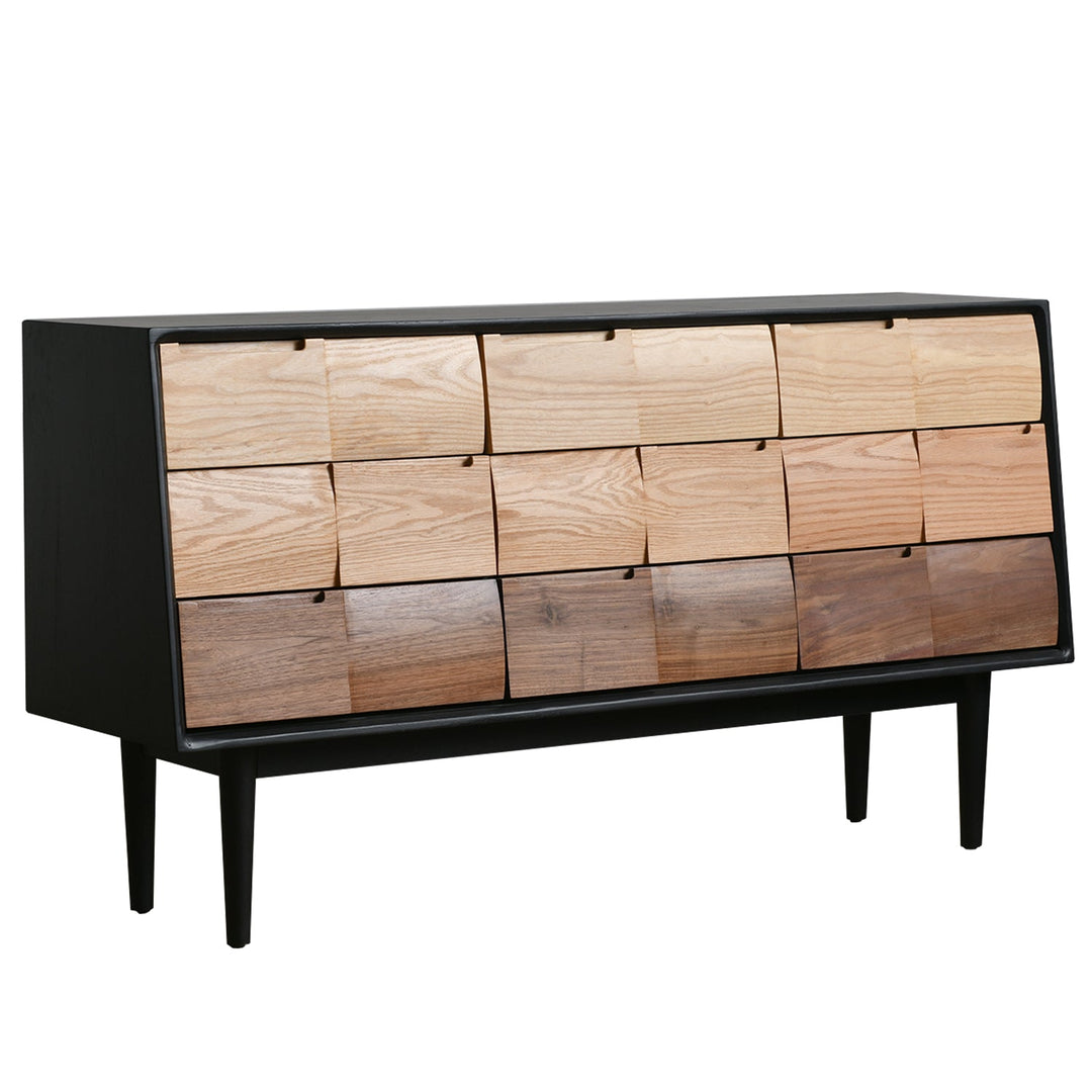 Scandinavian wood drawer cabinet wabi sabi layered structure.