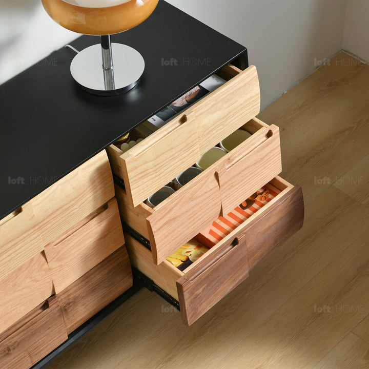 Scandinavian wood drawer cabinet wabi sabi in still life.