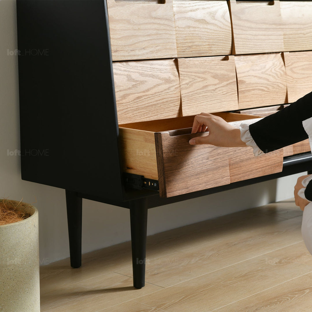 Scandinavian wood drawer cabinet wabi sabi environmental situation.