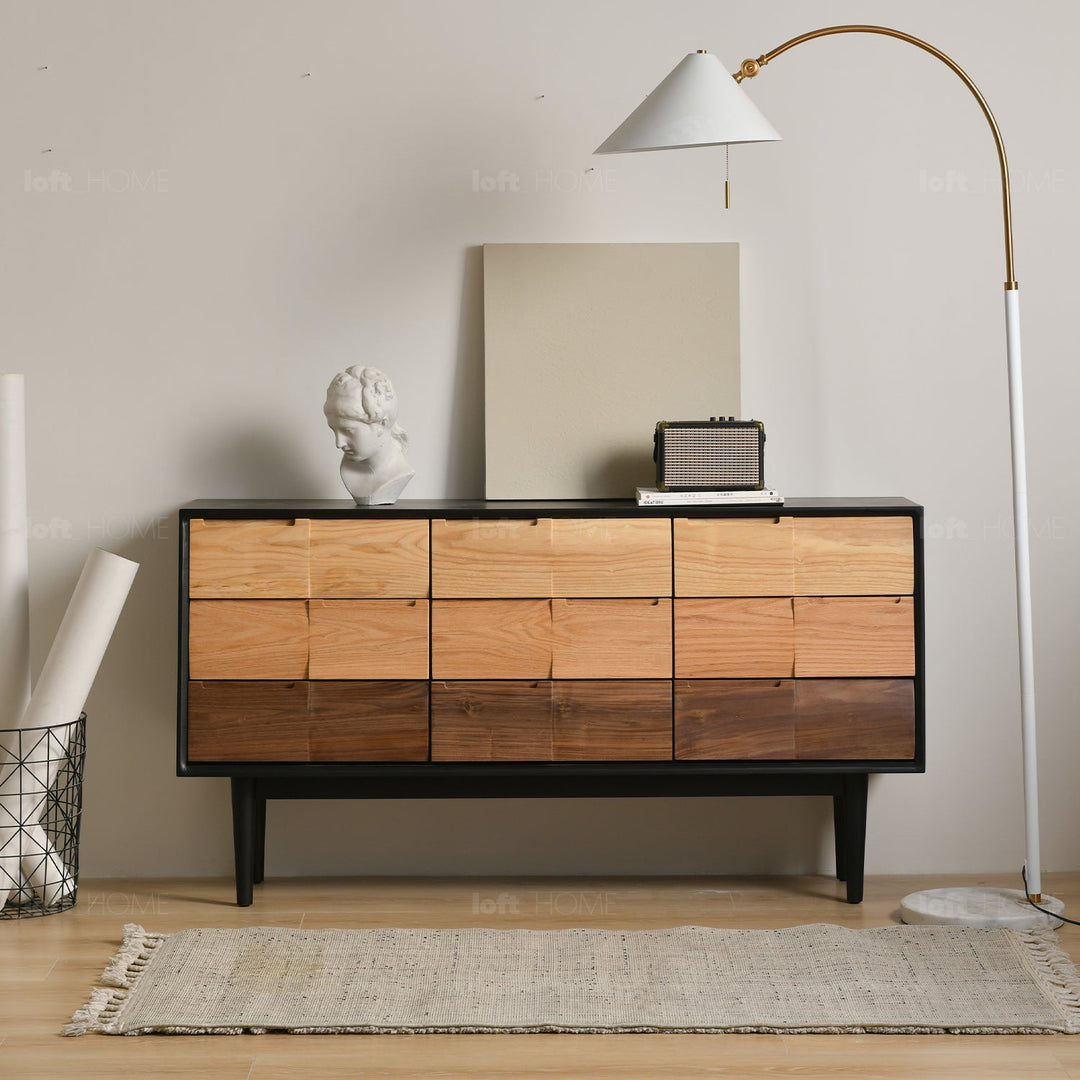Scandinavian wood drawer cabinet wabi sabi in real life style.