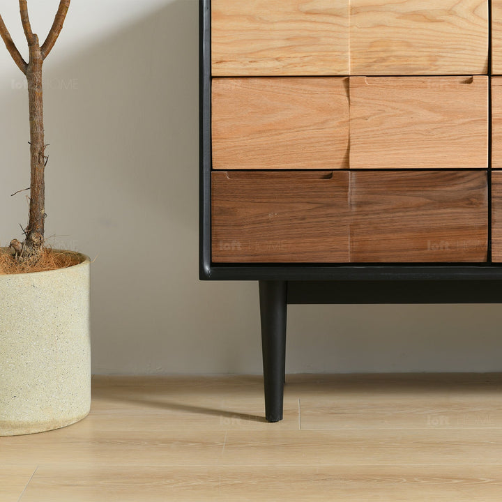 Scandinavian wood drawer cabinet wabi sabi conceptual design.