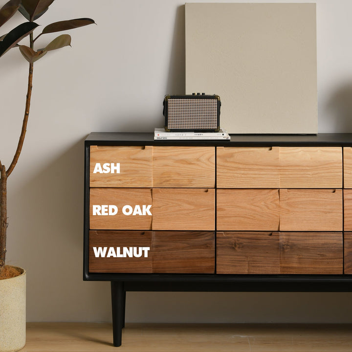 Scandinavian wood drawer cabinet wabi sabi color swatches.
