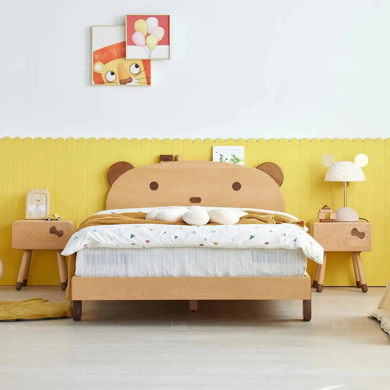 Scandinavian wood kids bed bear in close up details.