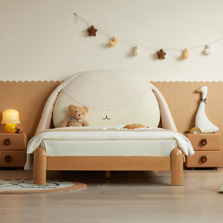 Scandinavian wood kids bed bunny in details.