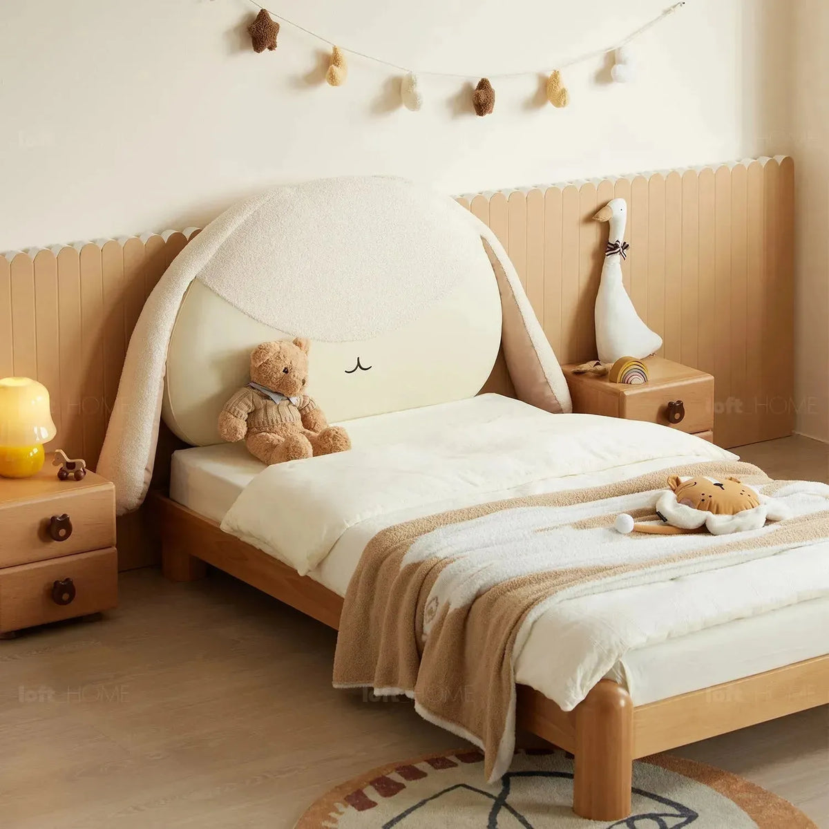 Cream wood kids bed bunny color swatches.