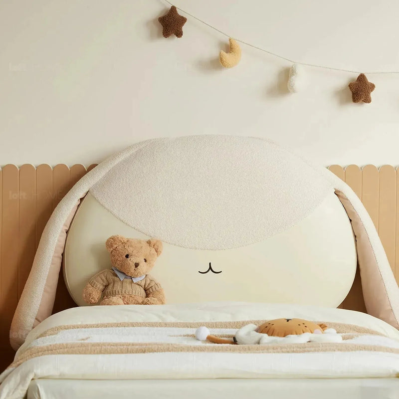 Cream wood kids bed bunny in real life style.