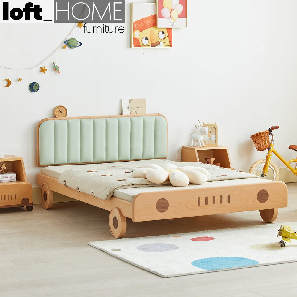 Scandinavian wood kids bed car primary product view.