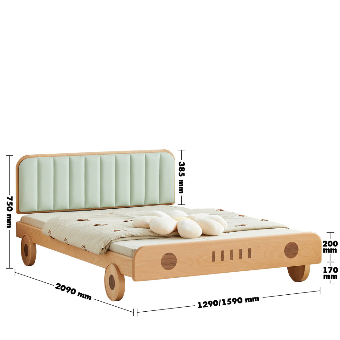 Scandinavian wood kids bed car size charts.
