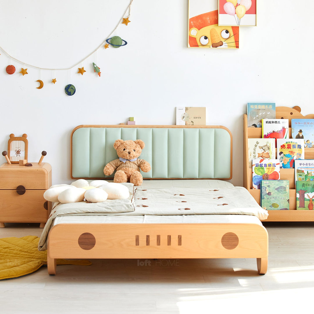 Scandinavian wood kids bed car in details.