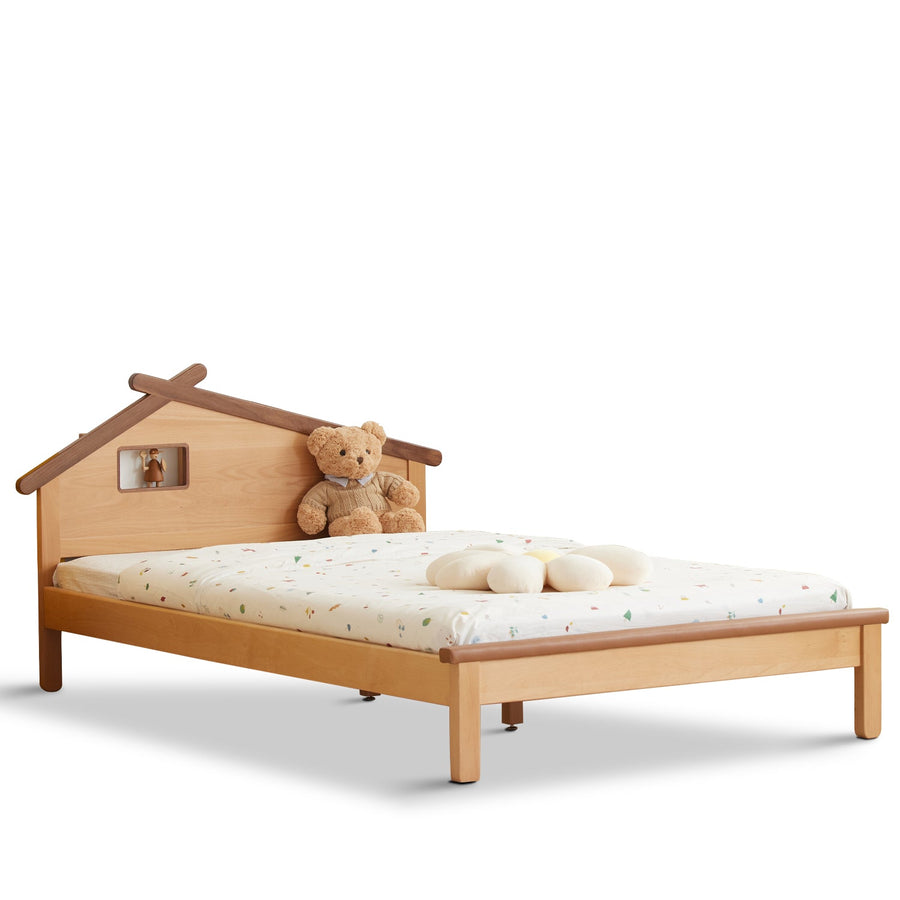 Scandinavian wood kids bed house in white background.