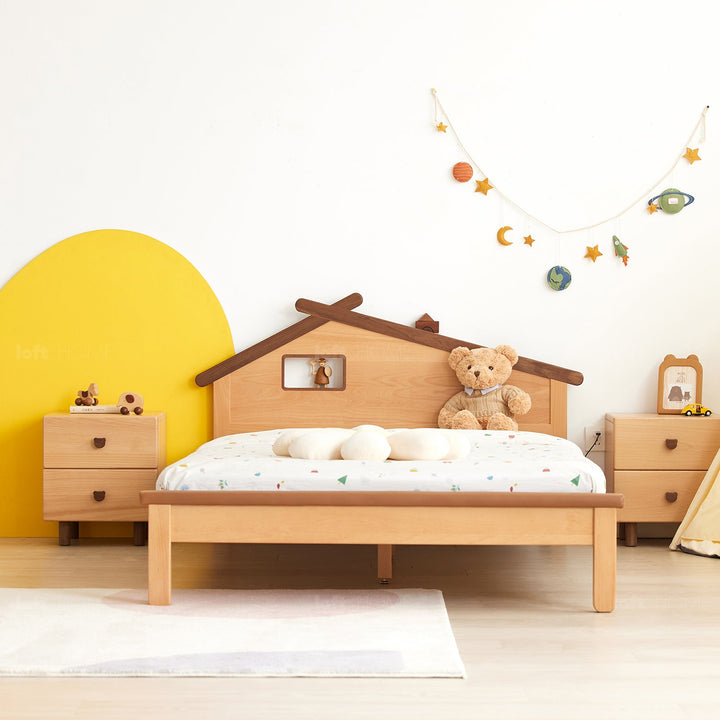 Scandinavian wood kids bed house color swatches.