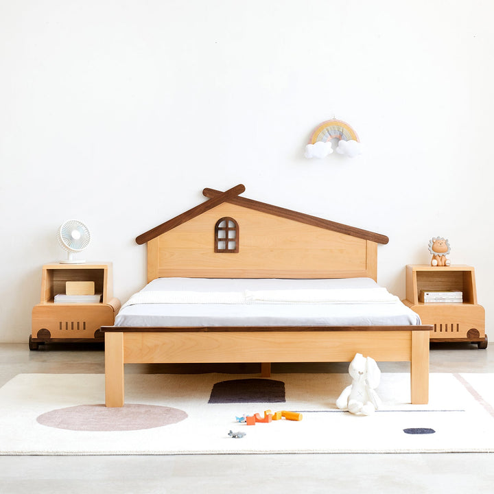 Scandinavian wood kids bed house in close up details.