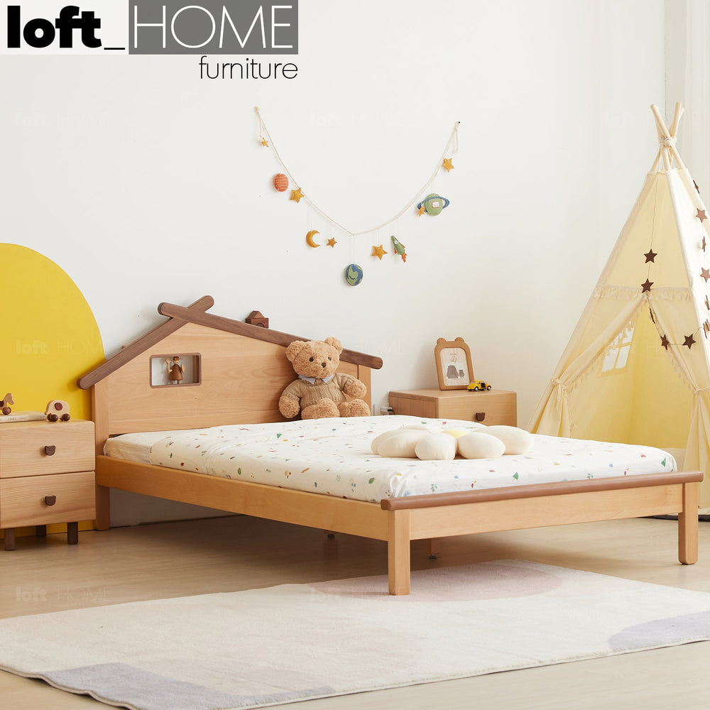Scandinavian wood kids bed house primary product view.