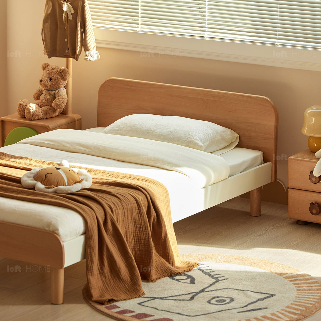 Scandinavian wood kids bed slumber in panoramic view.