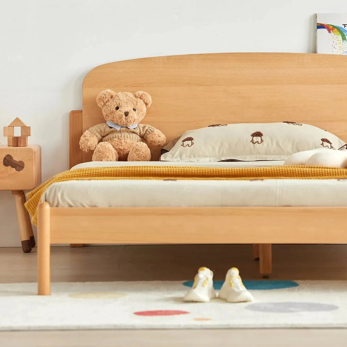 Scandinavian wood kids bed snooze in close up details.