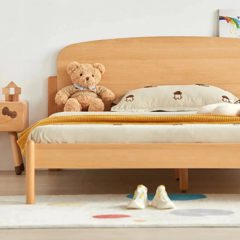 Scandinavian wood kids bed snooze in close up details.