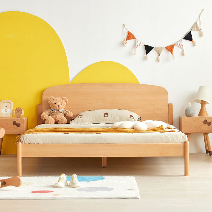 Scandinavian wood kids bed snooze with context.