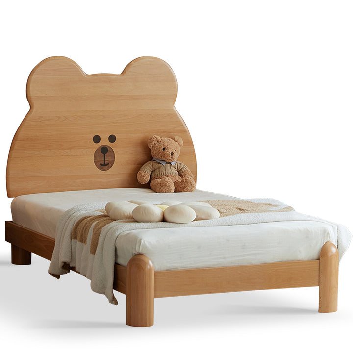 Scandinavian wood kids bed teddy in white background.