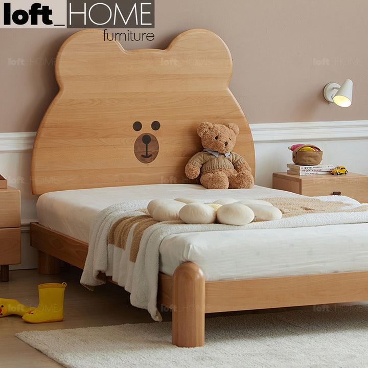 Scandinavian wood kids bed teddy primary product view.