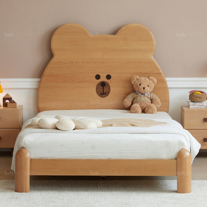 Scandinavian wood kids bed teddy in real life style.