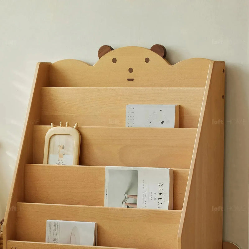 Scandinavian wood kids bookshelf 5 layers bear in panoramic view.