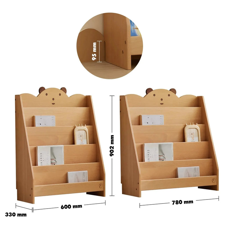 Scandinavian wood kids bookshelf 5 layers bear size charts.