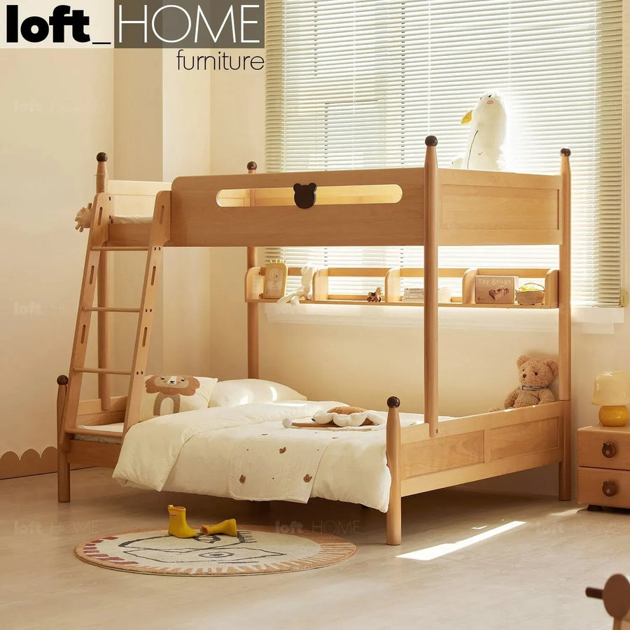 Scandinavian wood kids bunk bed bear primary product view.