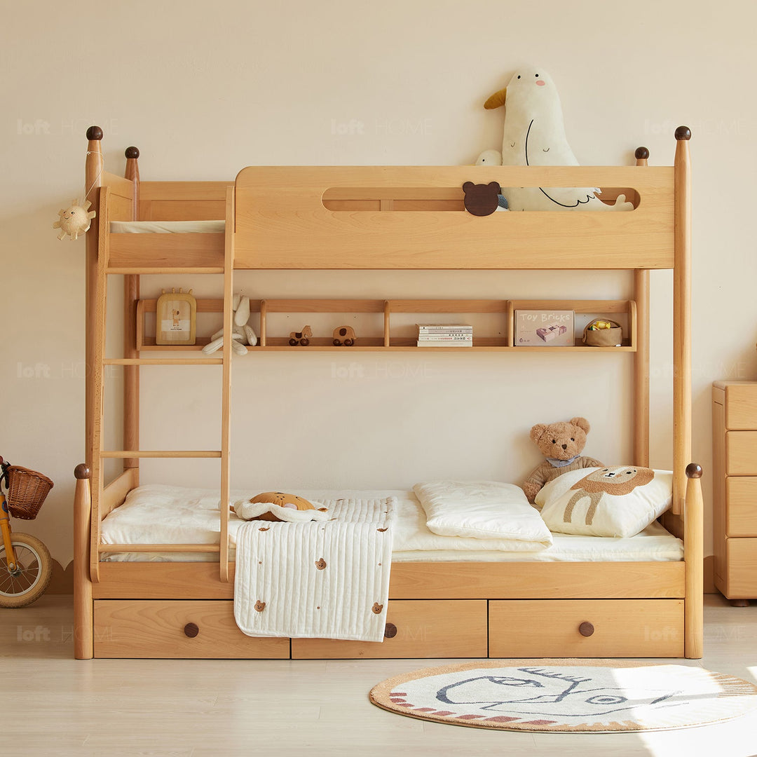 Scandinavian wood kids bunk bed with storage bear with context.