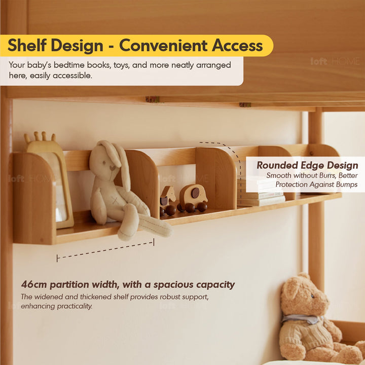 Scandinavian wood kids bunk bed with storage bear in panoramic view.