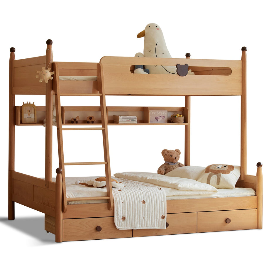 Scandinavian wood kids bunk bed with storage bear in white background.