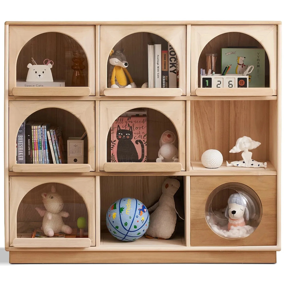 Scandinavian wood kids display cabinet archi in white background.