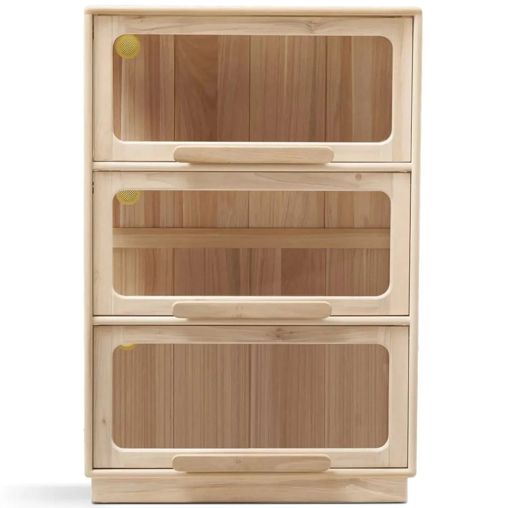 Scandinavian wood kids display cabinet joy in white background.