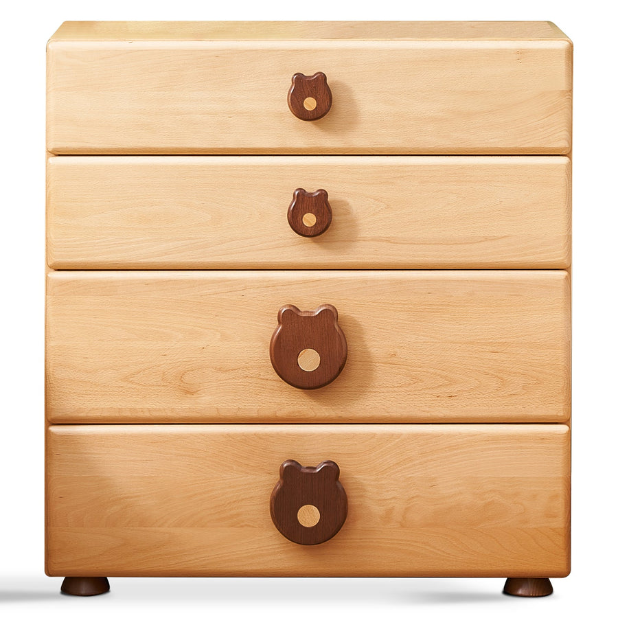 Scandinavian wood kids drawer cabinet teddy in white background.