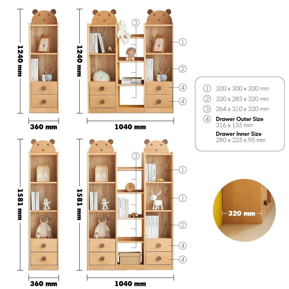 Scandinavian wood kids bookshelf bear size charts.