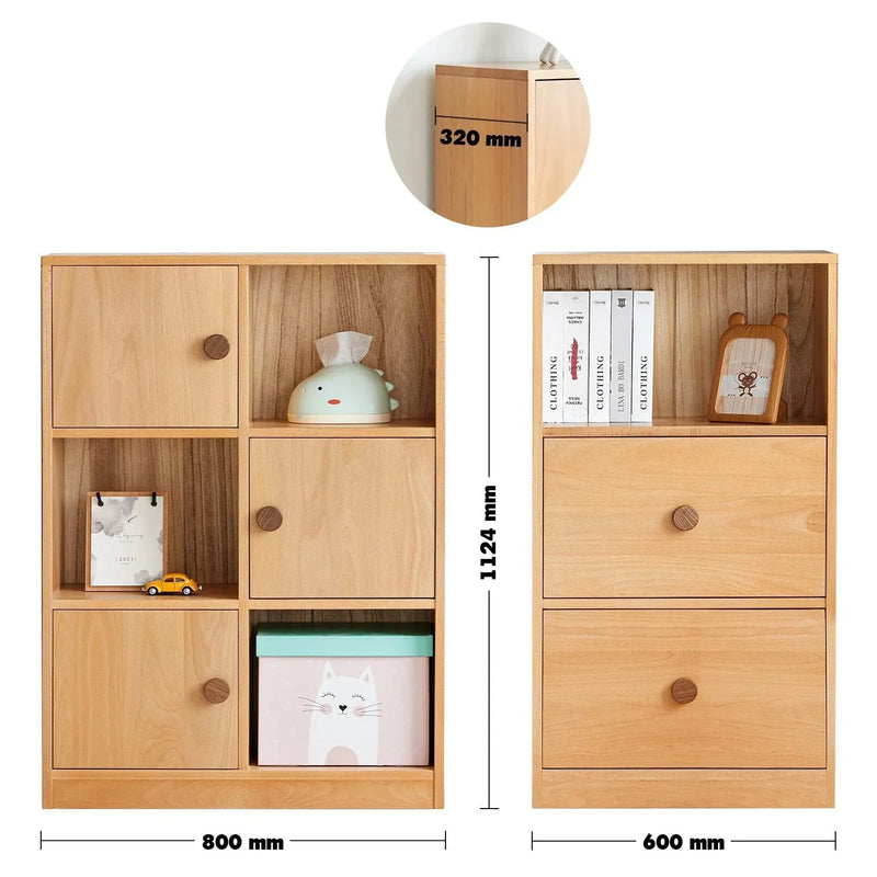Scandinavian wood kids bookshelf house size charts.