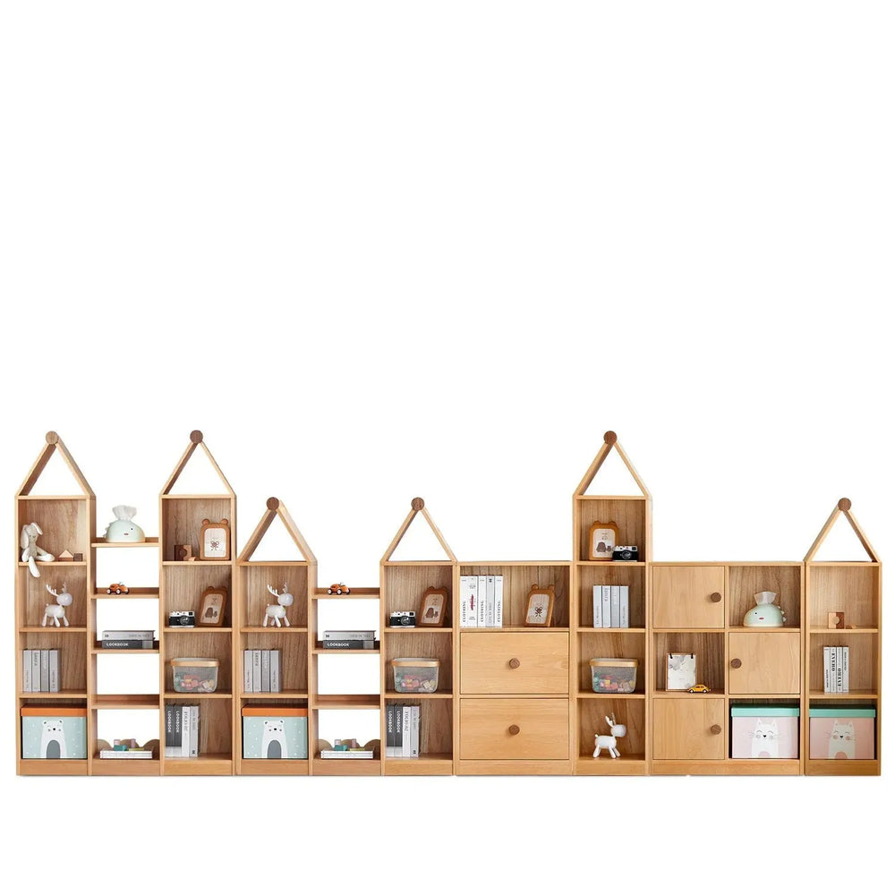 Scandinavian wood kids shelf house in white background.