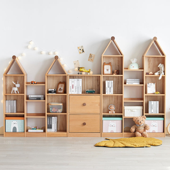Scandinavian wood kids shelf house in real life style.