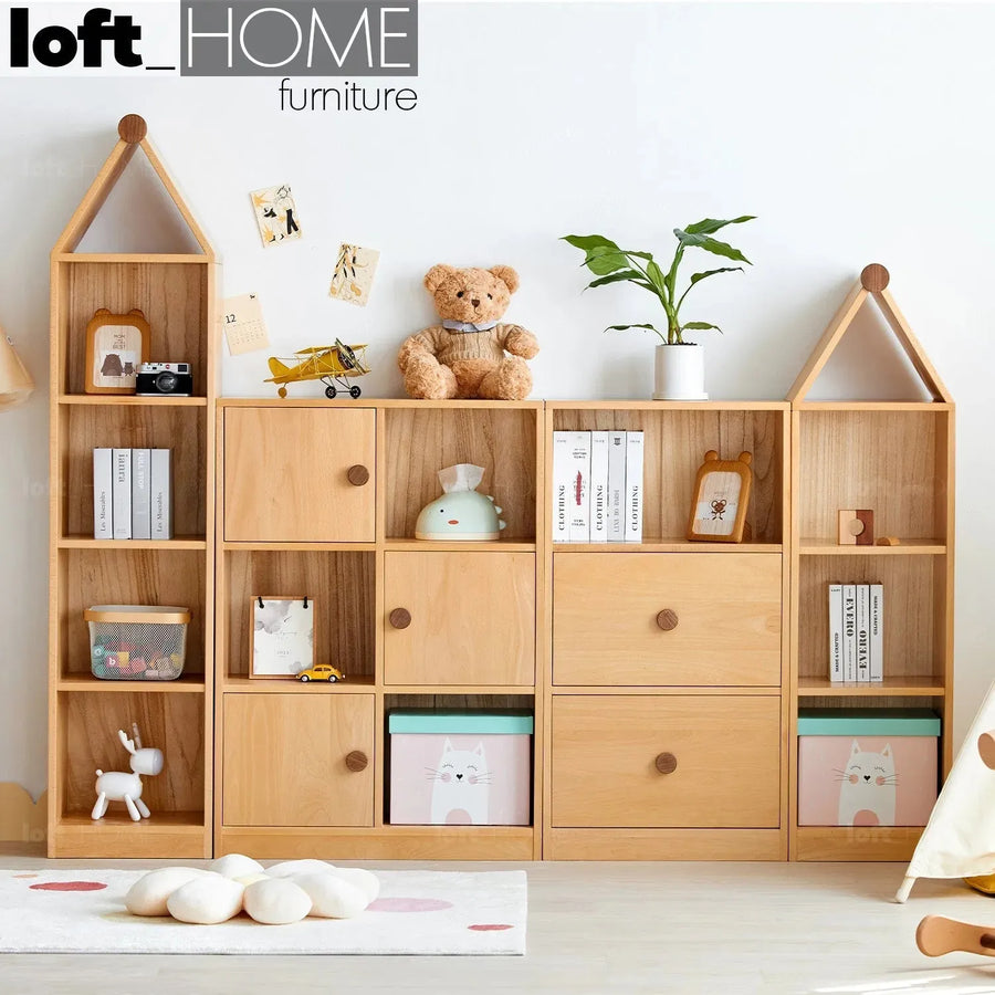 Scandinavian wood kids shelf house primary product view.