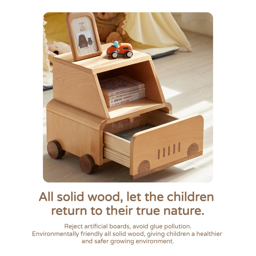 Scandinavian wood kids side table car conceptual design.