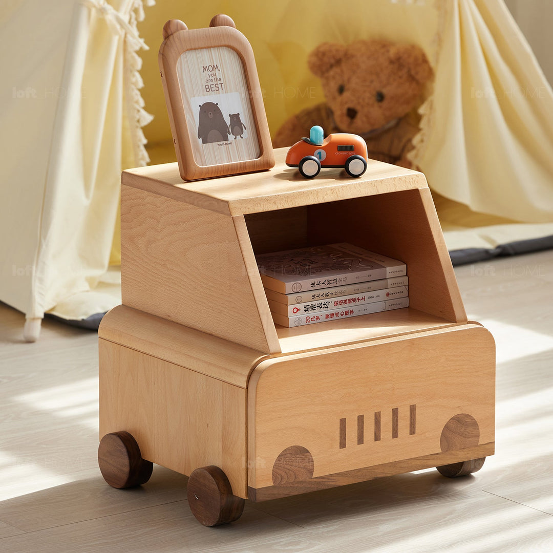 Scandinavian wood kids side table car color swatches.