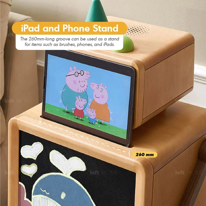 Scandinavian wood kids side table robo in still life.