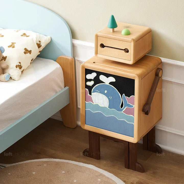 Scandinavian wood kids side table robo material variants.