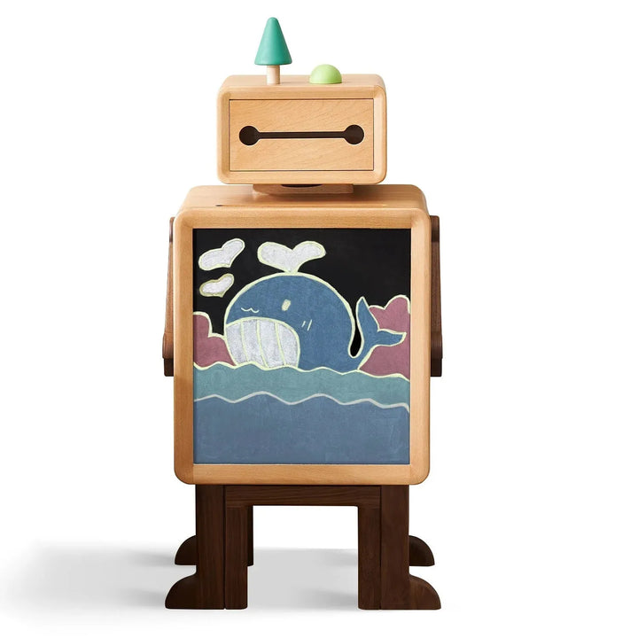 Scandinavian wood kids side table robo in white background.