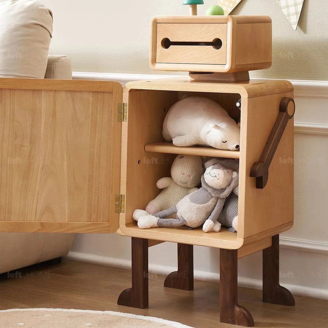 Scandinavian wood kids side table robo with context.