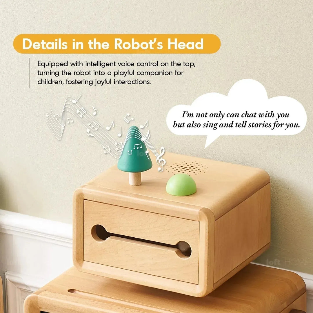 Scandinavian wood kids side table robo in close up details.